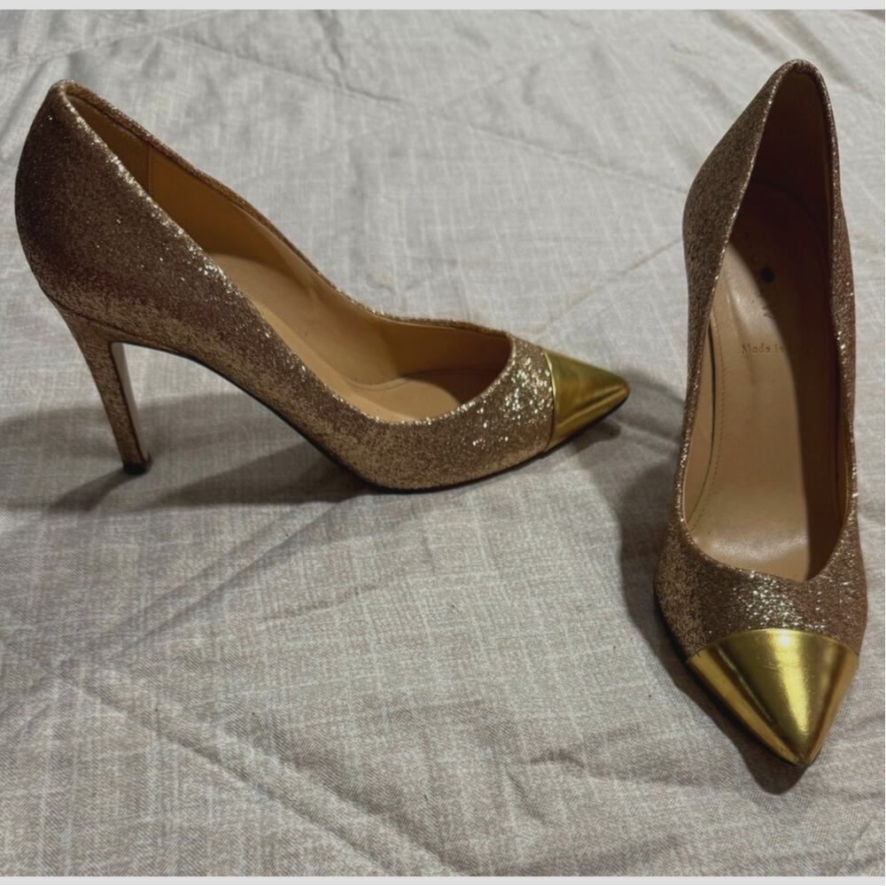 J. Crew Everly Stiletto Heels Glitter Leather Womens 6.5 24794 Pink Gold Italy